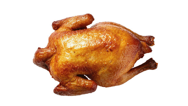 Isolated whole roasted chicken with crispy golden brown skin, perfectly cooked and appetizing