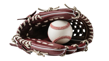 Isolated classic leather baseball glove holding a stitched white ball for sport