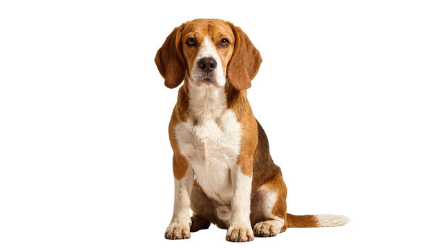 Isolated adorable Beagle dog sitting patiently, a loyal domestic pet looking at camera