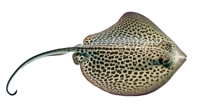 Isolated Leopard Whipray swimming gracefully, showcasing its distinctive spotted pattern and long tail