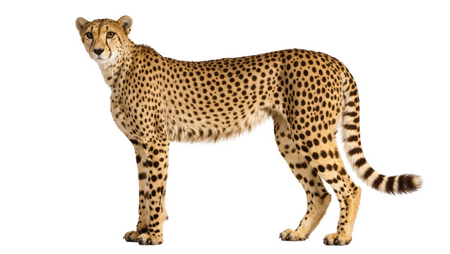 Isolated majestic cheetah standing still looking intently, sleek spotted wild cat