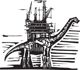 Woodcut style brontosaurus skeleton with a an oil rig on its back  © xunantunich