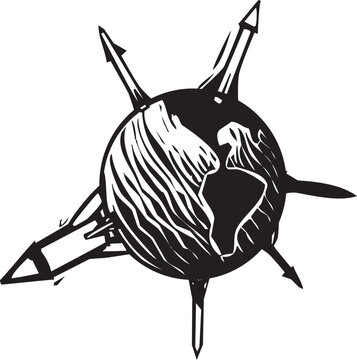 Woodcut style image of missiles surrounding the surface of the globe of earth
