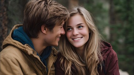 Fototapeta premium A young loving couple shares an intimate smiling moment outdoors in a natural serene environment