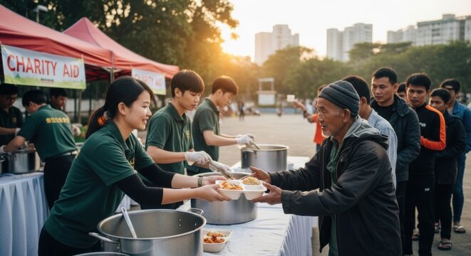 charity food drive, people serving meals to poor