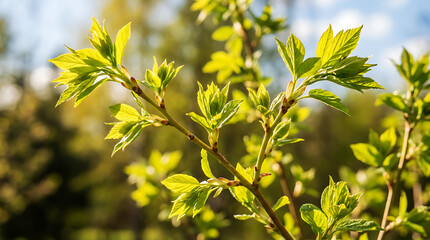 Obraz premium Young branches in the sun with fresh green leaves on tree 