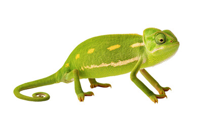Isolated green chameleon, a vibrant tropical reptile with its characteristic coiled tail