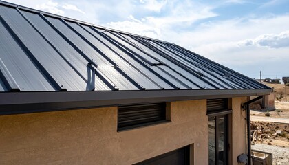 Contemporary building featuring a sleek, dark metal standing seam roof and robust, permanently installed reinforced steel shutters over exterior windows, viewed against a bright sky.