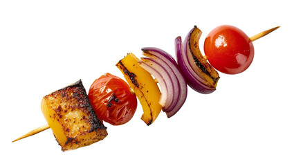 Isolated delicious freshly grilled vegetable skewer with char-marked tomatoes, pepper, and onion.