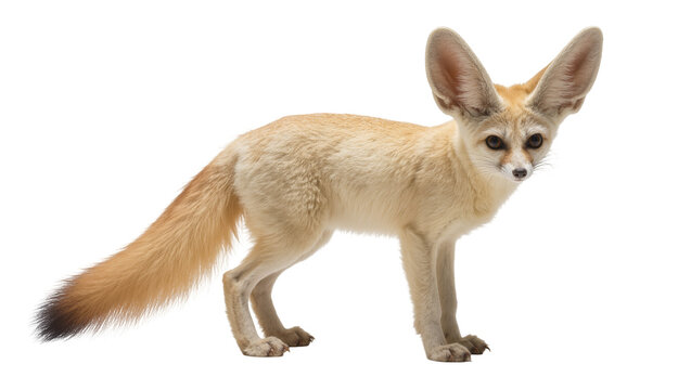 Isolated fennec fox standing, a cute desert animal with large ears and light fur