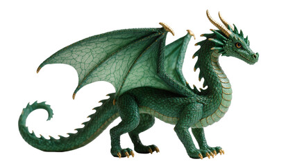 Isolated powerful emerald green dragon with large textured wings and golden horns, mythical beast © Ari