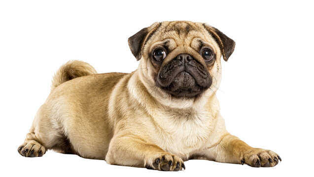 Isolated adorable fawn pug dog with a curious expression lying down and looking at camera