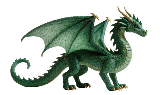 Isolated powerful emerald green dragon with large textured wings and golden horns, mythical beast