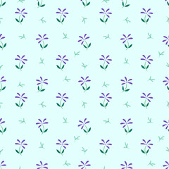 Spring summer gentle pattern with floral elements and plants on Light blue background. For prints on everything. Paper, typography, children's. Raindrops, flowers, botany.
