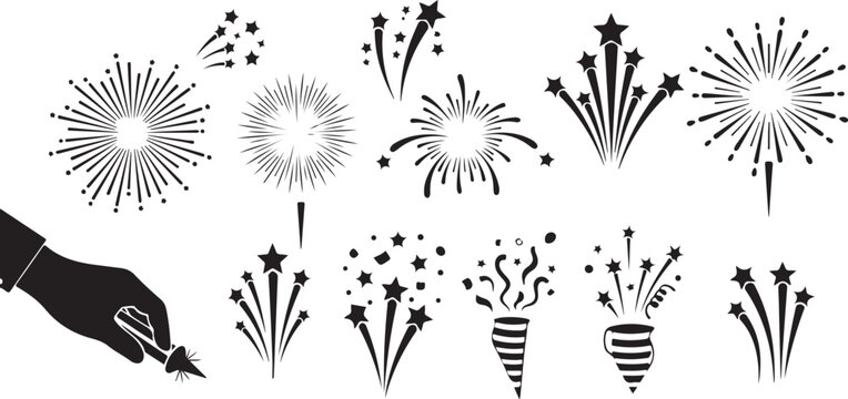 Fireworks Design Elements with Hand Drawing Sparklers and Explosions