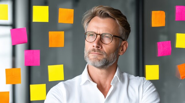 A thoughtful man with glasses stands in front of colorful sticky notes, suggesting brainstorming or planning in a modern office setting.
