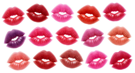 A collection of images of lips colored in different shades of lipstick against a white background with space for writing.