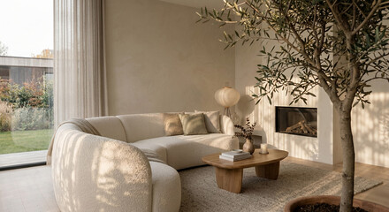 Fototapeta premium A modern living room with a large, curved, cream-colored bouclé sofa, a wooden coffee table with books and a vase, a fireplace, and an olive tree in a pot. 