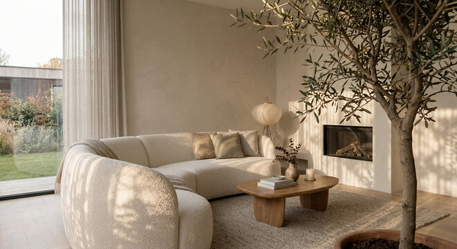 A modern living room with a large, curved, cream-colored boucl&eacute; sofa, a wooden coffee table with books and a vase, a fireplace, and an olive tree in a pot. 