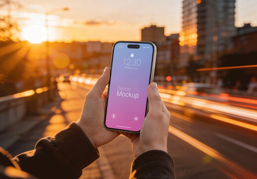 Screen Phone Hands In City Sunset Mockup
