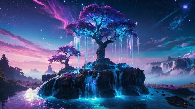 Fantasy landscape with blue and purple glowing nature, waterfalls, river, trees and cosmic sky. Alien world background