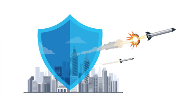 Flat 2D illustration of a blue shield defending a city skyline from missiles in a concept of defense.
