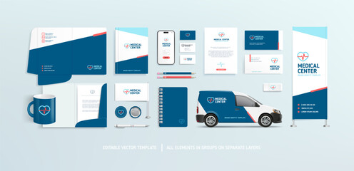 Medical clinic Brand Identity set of logo with abstract graphics design on promo items and stationery mockup - vector template for pharmacy, medicine theme