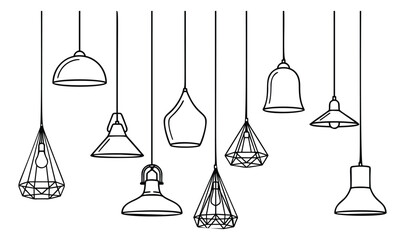Fototapeta na wymiar Outline illustration set of 9 pendant lamps featuring modern, vintage and geometric lighting fixtures for interior design