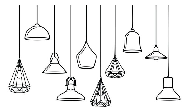 Outline illustration set of 9 pendant lamps featuring modern, vintage and geometric lighting fixtures for interior design