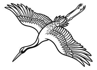 Fototapeta premium Engraving illustration of crane bird in flight depicting elegant wings spread for vintage wildlife design