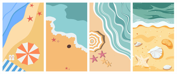 Set of top-down beach landscape illustrations featuring waves, sand, seashells, and umbrellas in a clean flat design style for summer travel themes. © hadi