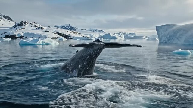Majestic Humpback Whale Surfaces and Dives in Icy Antarctic Waters Amidst Icebergs