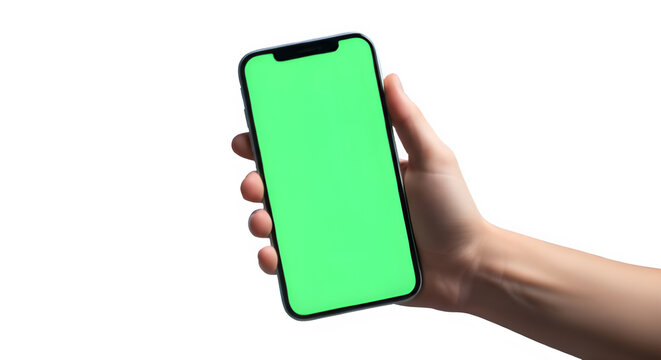 A woman's hand holding a mobile smartphone with a blank green screen display for business communication and digital technology messages