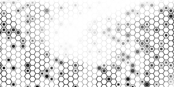 Hexagon halftone gradient texture. Abstract black grunge background. Geometric retro halftone tech overlay. Fading wavy hexagonal pattern backdrop. Vector vanishing honeycomb grunge bitmap wallpaper