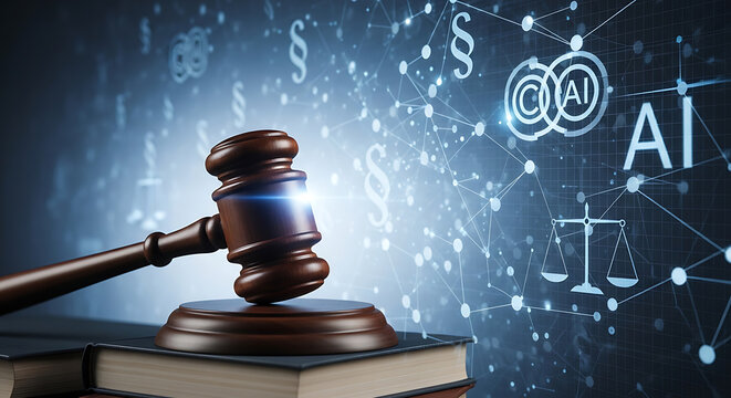 Artificial Intelligence Copyright Law Concept featuring a Wooden Judicial Gavel on a Modern Digital Background depicting Ethics, Intellectual Property Legislation, and Legal Justice issues.
