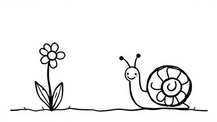 Fototapeta premium Cute doodle illustration of a smiling snail next to a flower. Simple hand drawn cartoon style isolated on white background, perfect for children's design, nursery decor and playful graphics.