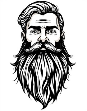 Stylized vector illustration of a bearded man with long beard and moustache. Modern barber logo style portrait isolated on white background, ideal for grooming, barber shop branding and hipster design
