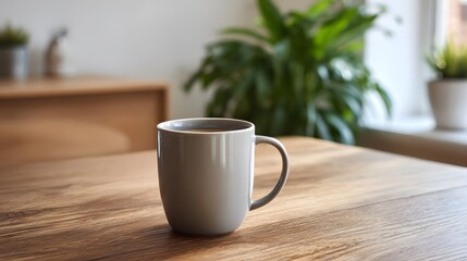 Fototapeta premium A mug of warm coffee sits on a rustic wooden table in a softly lit room with green plants in the background creating a peaceful morning atmosphere