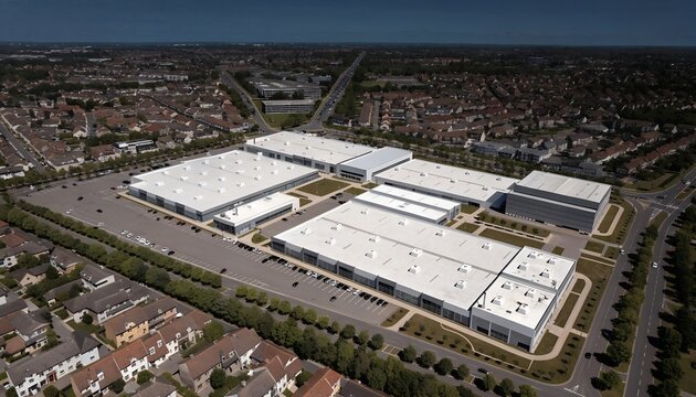Aerial view of massive data center campus with white warehouse buildings, HVAC units on rooftops, green landscaping, roads, mountains under blue sky. Modern cloud infrastructure facility.
