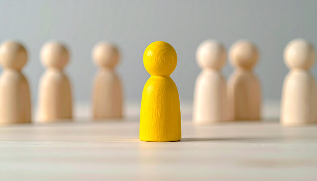 Bright yellow wooden figurine standing among many neutral wooden figures, leader, symbol of leadership, individuality and confidence