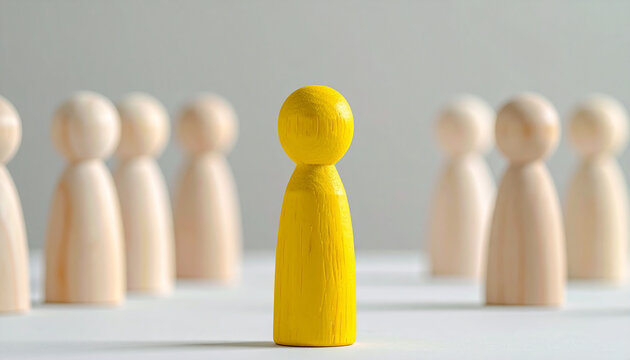 Bright yellow wooden figurine standing among many neutral wooden figures, leader, symbol of leadership, individuality and confidence