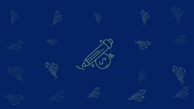 Whimsical holiday doodle pattern of pencil and coin outlines on blue. Perfect for festive greeting cards, wrapping paper, and stationery.