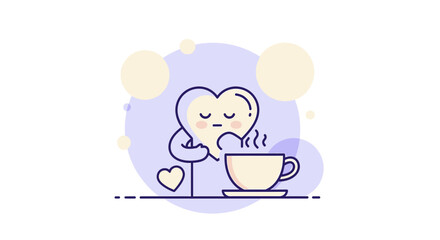 Sad Heart Character with Coffee Cup, Feeling Blue, Minimalist Illustration