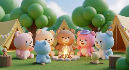 Naklejka premium Group of cute teddy bears sitting around a campfire at a campsite. Friendship and outdoor camping concept. Plush animals enjoying a fire near yellow tents.