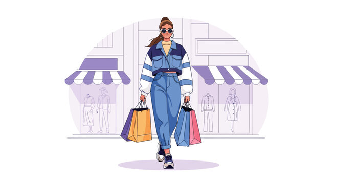 Fashionable Woman Shopping with Bags in Front of Stores