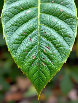 Detailed Macro Shot of a Fresh Green Leaf with Visible Insect Bite Marks, Emphasizing Natural Damage and Organic Beauty