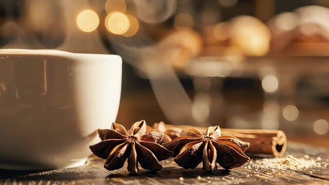 Close up of a steaming cup of coffee with star anise and cinnamon sticks
