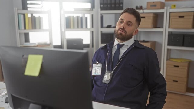 Man detective with badge leans back at computer monitor and covers face with hand in office building; fatigue investigation.