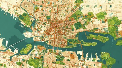 Fototapeta premium Awesome photo of detailed abstract map of a coastal city with islands and waterways.