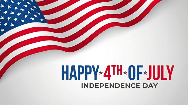 Happy 4th of july text with independence day below and a waving american flag with stars and stripes in the upper corner